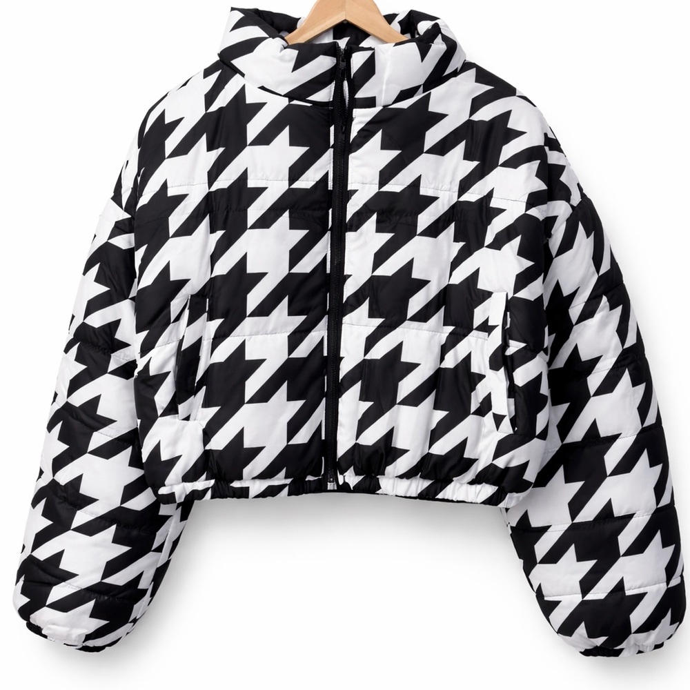 Houndstooth Black and White Puffer Jacket